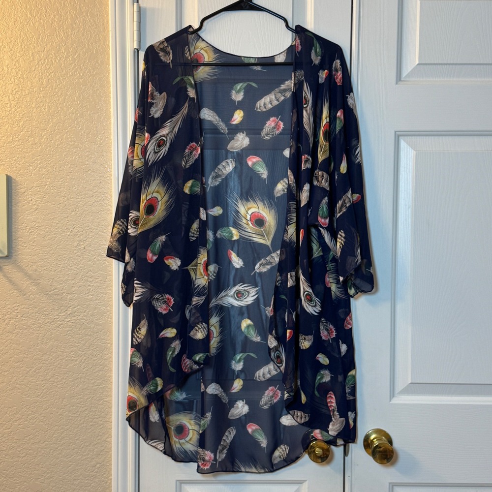 Navy Sheer Kimono Cardigan with Colorful Feather Print, Women's Size Medium